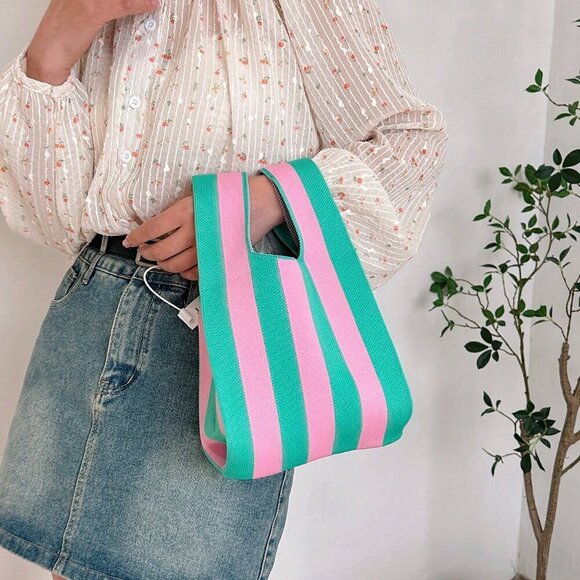 Pink Casual Women's Duke Crochet Stripe Pattern Lattice Handheld Bag - Picture 1 of 10
